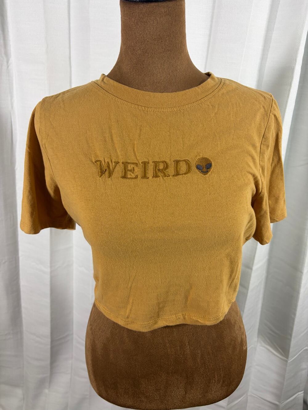 Dressed in Lala Mustard Weird Alien Embroidered Crop T-Shirt Medium